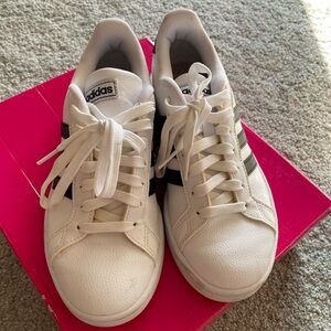 Adidas White Sneakers with Black Stripes